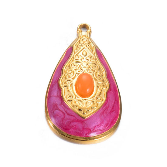 Image de 1 Pièce Pendentifs en 304 Acier Inoxydable Rétro Goutte d'Eau Doré Fuchsia Ovale Émail 35mm x 19mm