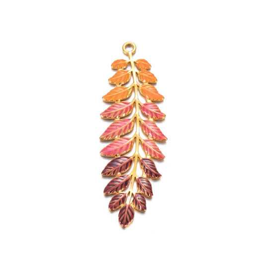 Image de 1 Pièce Pendentifs en 304 Acier Inoxydable Élégant Doré Café Feuilles Émail 6cm x 2cm