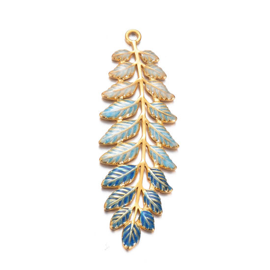 Image de 1 Pièce Pendentifs en 304 Acier Inoxydable Élégant Doré Bleu Paon Feuilles Émail 6cm x 2cm