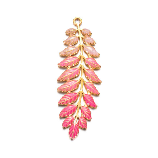 Image de 1 Pièce Pendentifs en 304 Acier Inoxydable Élégant Doré Fuchsia Feuilles Émail 6cm x 2cm