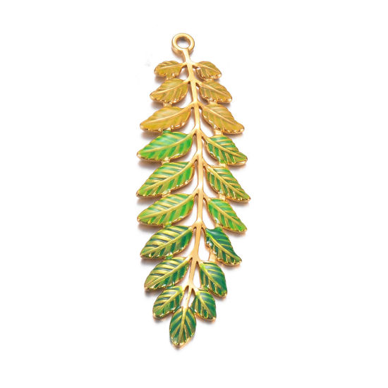 Image de 1 Pièce Pendentifs en 304 Acier Inoxydable Élégant Doré Emeraude Feuilles Émail 6cm x 2cm