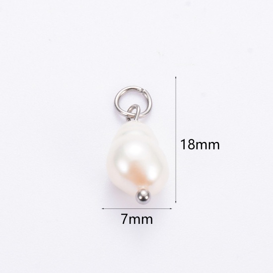 Image de 2 Pcs Breloques en 304 Acier Inoxydable & Perle Naturelle Respectueux de la Nature Baroque Argent Mat 18mm x 7mm