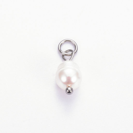 Picture of 2 PCs Eco-friendly 304 Stainless Steel & Natural Pearl Charms Silver Tone Baroque 19mm x 8mm