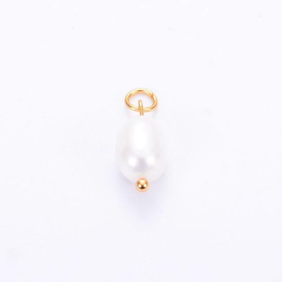 Picture of 2 PCs Vacuum Plating 304 Stainless Steel & Natural Pearl Charms Gold Plated Baroque 18mm x 7mm