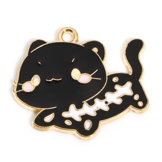 Picture of 10 PCs Zinc Based Alloy Halloween Charms Gold Plated Cat Animal Human Skeleton Enamel 27mm x 24mm