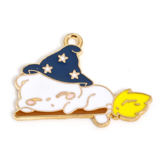 Picture of 10 PCs Zinc Based Alloy Halloween Charms Gold Plated Cat Animal Broom Enamel 29mm x 22mm