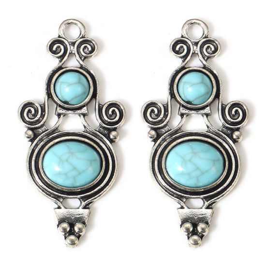 Picture of 5 PCs Zinc Based Alloy Boho Chic Bohemia Pendants Antique Silver Color Green Blue Calabash With Resin Cabochons Imitation Turquoise 4cm x 1.9cm