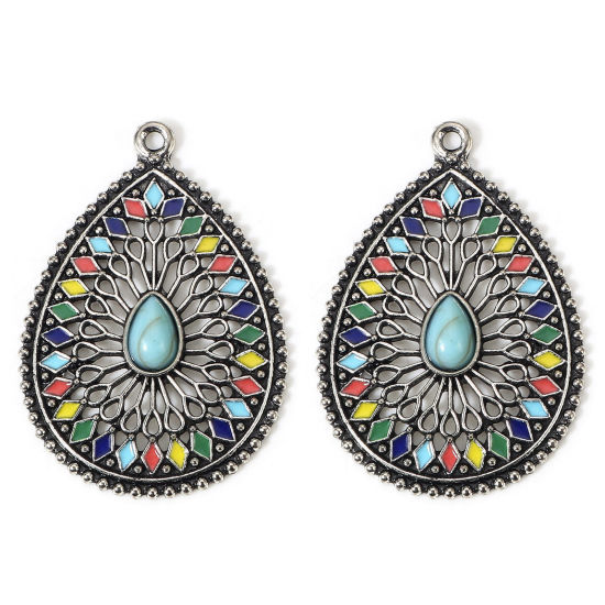 Picture of 5 PCs Zinc Based Alloy Boho Chic Bohemia Pendants Antique Silver Color Green Blue Drop With Resin Cabochons Imitation Turquoise 4cm x 2.8cm