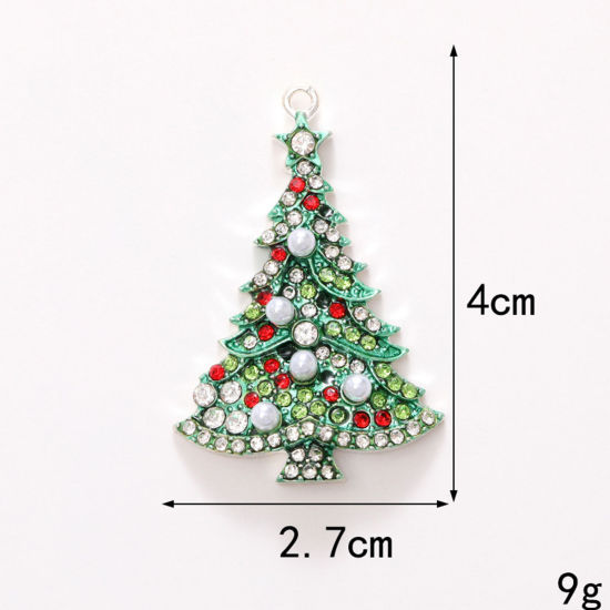 1 個 亜鉛合金 クリスマス ペンダント 銀メッキ クリスマスツリー 多色ラインストーン エナメル 4cm x 2.7cm の画像