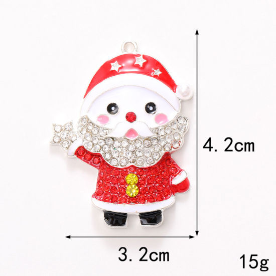 1 個 亜鉛合金 クリスマス ペンダント 銀メッキ 白×赤 クリスマス・サンタクロース 透明 & 赤ラインストーン エナメル 4.2cm x 3.2cm の画像