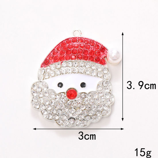 1 個 亜鉛合金 クリスマス ペンダント 銀メッキ 白 クリスマス・サンタクロース 透明 & 赤ラインストーン エナメル 3.9cm x 3cm の画像