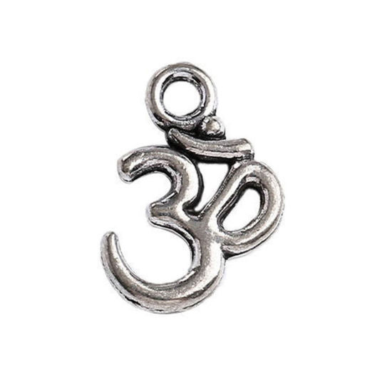 Picture of 20 PCs Zinc Based Alloy Religious Charms Antique Silver Color Yoga OM/ Aum Symbol Hollow 15.5mm x 10.5mm