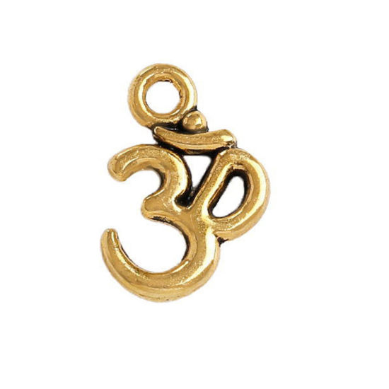 Picture of 20 PCs Zinc Based Alloy Religious Charms Gold Tone Antique Gold Yoga OM/ Aum Symbol Hollow 15.5mm x 10.5mm