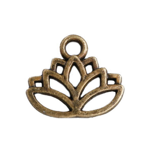 Picture of 20 PCs Zinc Based Alloy Religious Charms Antique Bronze Yoga Lotus Flower Hollow 16.5mm x 15mm