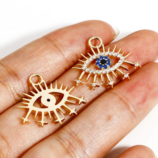 Immagine di 1 Pz Ottone Charms Occhi 18K Vero Oro Placcato Stella Micro Spianare Multicolore Cubic Zirconiae 21mm x 20mm