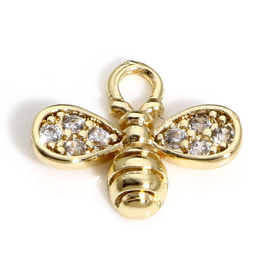 Picture of 1 Piece Brass Insect Charms 18K Real Gold Plated Bee Animal Micro Pave Clear Cubic Zirconia 10mm x 9mm