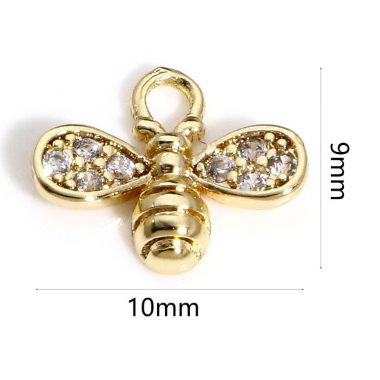 Image de 1 Pièce Breloques Insecte en Laiton Abeille Plaqué Or Véritable 18K Micro Pave à Zircone Cubique Clair 10mm x 9mm