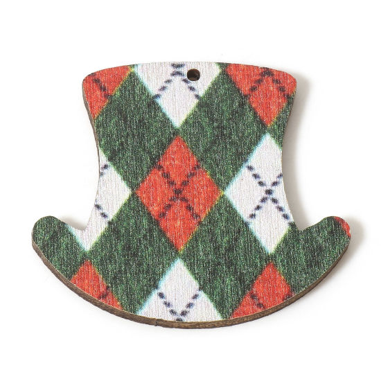 Picture of 10 PCs Natural Wood St Patrick's Day Pendants Green Hat Grid Checker 3.5cm x 3.1cm