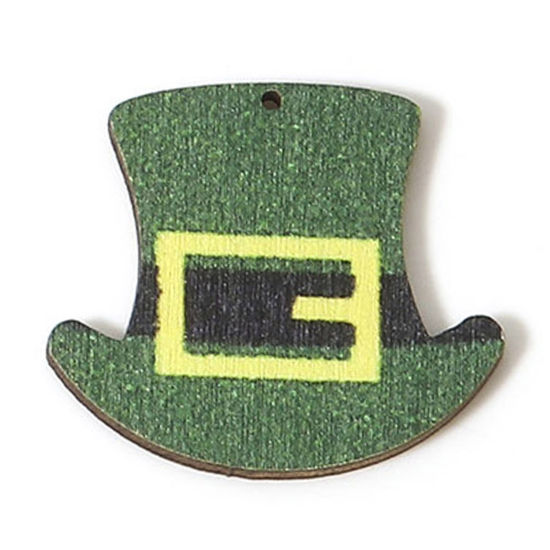 Picture of 10 PCs Natural Wood St Patrick's Day Pendants Green Hat 3.5cm x 3.1cm