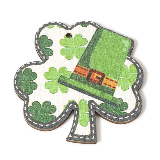 Picture of 10 PCs Natural Wood St Patrick's Day Pendants Green Leaf Clover Hat 5cm x 5cm