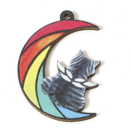 Image de 10 Pcs Pendentifs Galaxie en Bois Naturel Multicolore Demi Lune Chats 4.3cm x 3.5cm