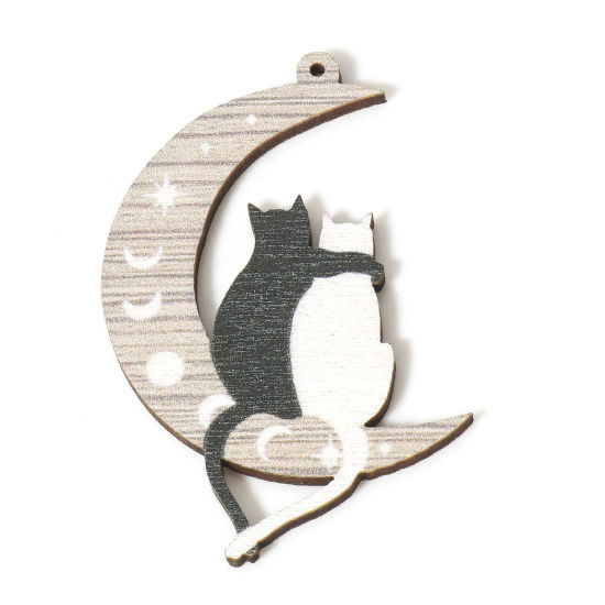Image de 10 Pcs Pendentifs Galaxie en Bois Naturel Multicolore Éclipse de Lune Chats 5cm x 3.5cm