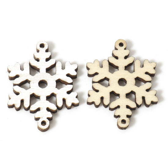 Picture of 20 PCs Wood Christmas Connectors Charms Pendants White Christmas Snowflake Painted 26mm x 20mm
