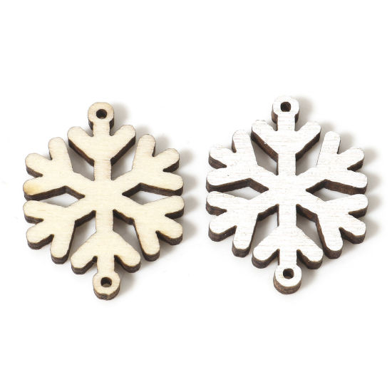 Picture of 20 PCs Wood Christmas Connectors Charms Pendants White Christmas Snowflake Painted 25mm x 20mm