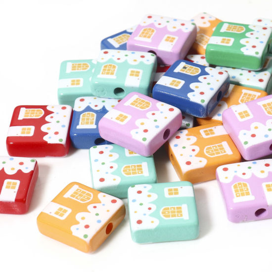 Picture of 10 PCs Acrylic Christmas Beads For DIY Jewelry Making At Random Mixed Color Square House About 16mm x 16mm, Hole: Approx 2.6mm