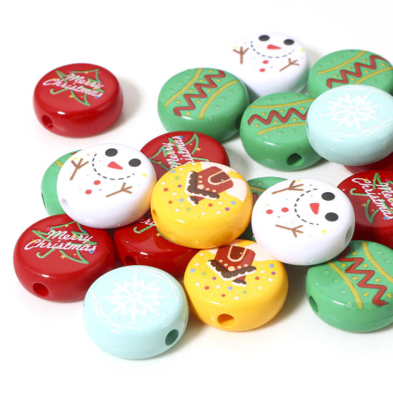 Picture of 10 PCs Acrylic Beads For DIY Jewelry Making At Random Mixed Color Round Christmas Snowman About 18mm Dia., Hole: Approx 2.8mm