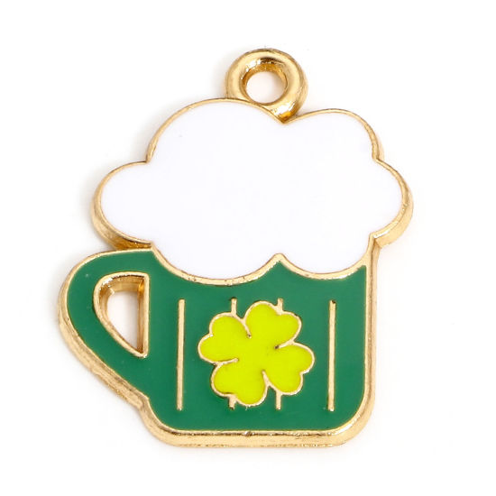 Image de 10 Pcs Breloques Fête de la St Patrick en Alliage de Zinc Doré Blanc & Vert Chope à Biere Trèfles Émail 24mm x 19mm