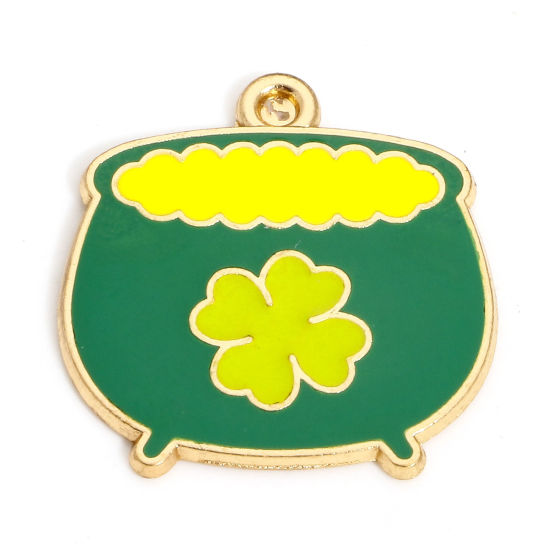 Image de 10 Pcs Breloques Fête de la St Patrick en Alliage de Zinc Doré Vert & Jaune Marmite Trèfles Émail 24mm x 23mm