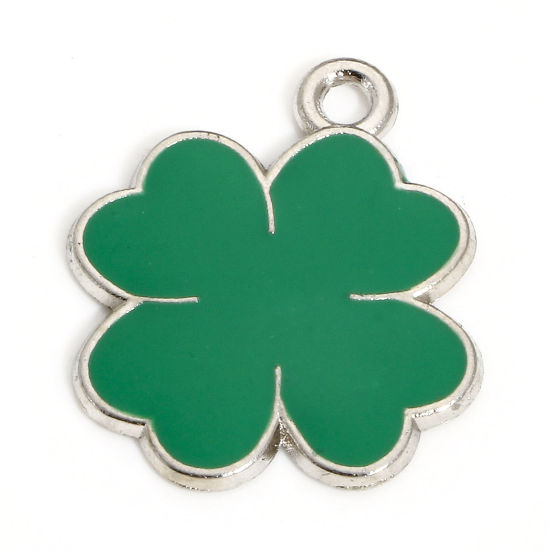 Image de 10 Pcs Breloques Fête de la St Patrick en Alliage de Zinc Argent Mat Vert Trèfle à Quatre Feuilles Émail 22mm x 20mm