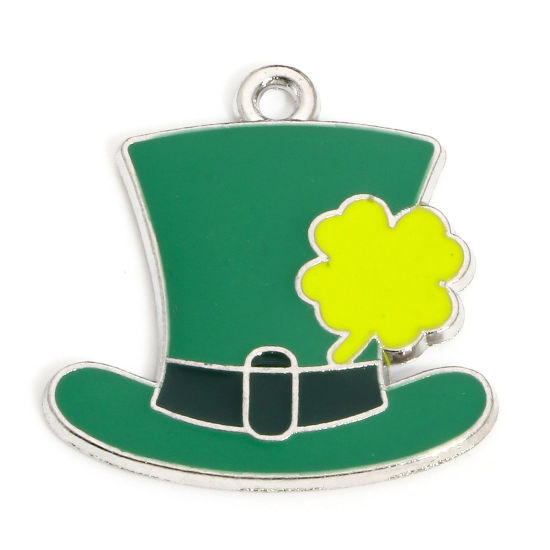 Image de 10 Pcs Breloques Fête de la St Patrick en Alliage de Zinc Argent Mat Noir & Vert Chapeau Trèfles Émail 24mm x 23mm