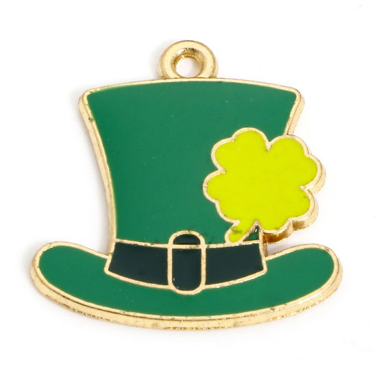 Image de 10 Pcs Breloques Fête de la St Patrick en Alliage de Zinc Doré Noir & Vert Chapeau Trèfles Émail 24mm x 23mm