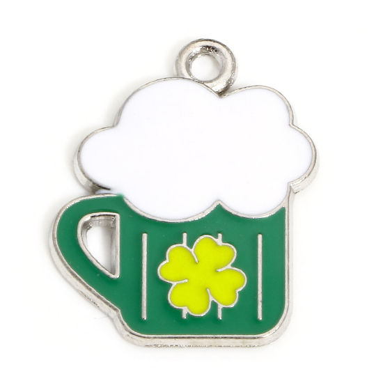 Image de 10 Pcs Breloques Fête de la St Patrick en Alliage de Zinc Argent Mat Blanc & Vert Chope à Biere Trèfles Émail 24mm x 19mm