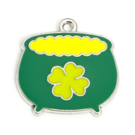 Image de 10 Pcs Breloques Fête de la St Patrick en Alliage de Zinc Argent Mat Vert & Jaune Marmite Trèfles Émail 24mm x 23mm