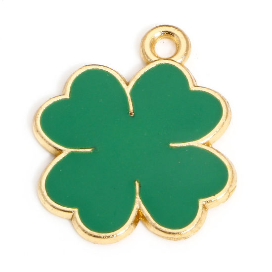 Image de 10 Pcs Breloques Fête de la St Patrick en Alliage de Zinc Doré Vert Trèfle à Quatre Feuilles Émail 22mm x 20mm