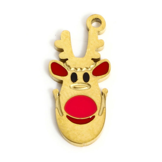 Image de 1 Pièce Breloques en 304 Acier Inoxydable Placage Sous Vide Écologique Élégant Renne de Noël Doré Rouge Émail 17mm x 7.5mm
