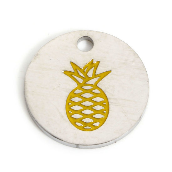 Immagine di 1 Pz Placcatura Sottovuoto Ecologica 304 Acciaio Inossidabile Elegante Charms Tondo Tono Argento Giallo Ananas Smalto 12mm x 12mm
