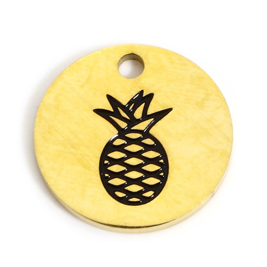 Immagine di 1 Pz Placcatura Sottovuoto Ecologica 304 Acciaio Inossidabile Elegante Charms Tondo Oro Placcato Nero Ananas Smalto 12mm x 12mm