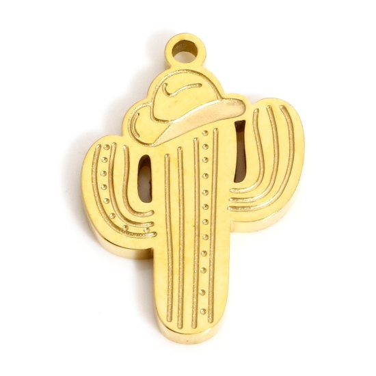 Immagine di 1 Pz Placcatura Sottovuoto Ecologica 304 Acciaio Inossidabile Elegante Charms Cactus Oro Placcato Cappello 17mm x 11.5mm