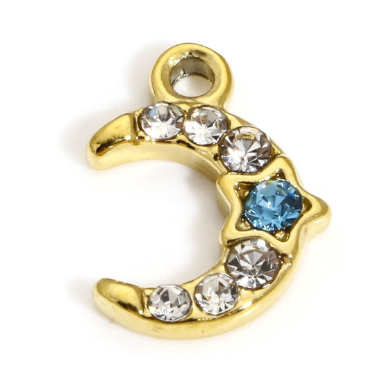 Immagine di 1 Pz Placcatura Sottovuoto Ecologica 304 Acciaio Inossidabile Galassia Charms Luna Oro Placcato Trasparente & Blu Strass 13.5mm x 10mm