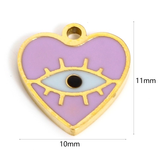 Immagine di 1 Pz Placcatura Sottovuoto Ecologica 304 Acciaio Inossidabile Elegante Charms Cuore Oro Placcato Colore Viola Malocchio Smalto 11mm x 10mm