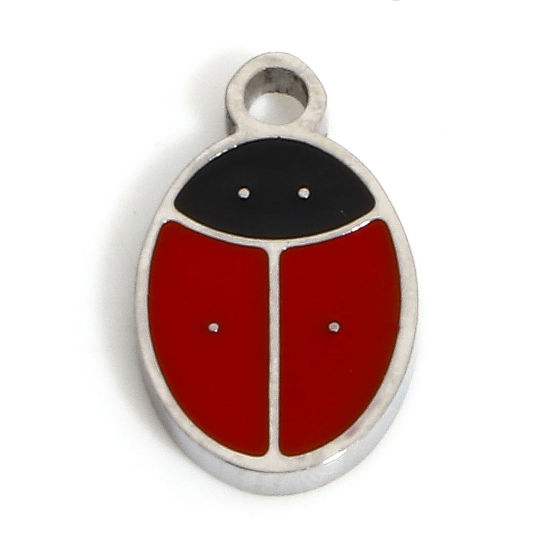 Immagine di 1 Pz Ecologico 304 Acciaio Inossidabile Elegante Charms Coccinella Tono Argento Nero & Rosso Smalto 10mm x 6mm