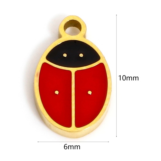Immagine di 1 Pz Placcatura Sottovuoto Ecologica 304 Acciaio Inossidabile Elegante Charms Coccinella Oro Placcato Nero & Rosso Smalto 10mm x 6mm