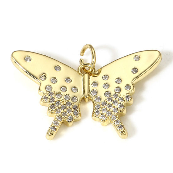 Immagine di 1 Pz Ottone Insetto Charms Farfalla 18K Vero Oro Placcato Micro Spianare Trasparente Cubic Zirconiae 25mm x 18mm