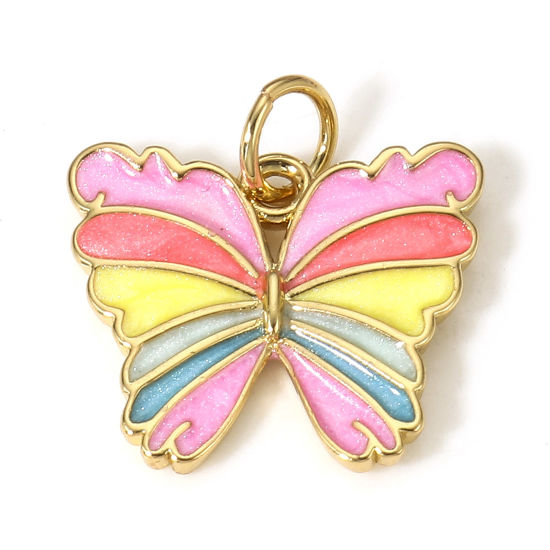 Image de 1 Pièce Breloques Insecte en Laiton Papillon 18k Or Rempli Multicolore Émail 16mm x 16mm