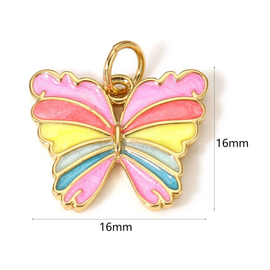 Immagine di 1 Pz Ottone Insetto Charms Farfalla 18K Vero Oro Placcato Multicolore Smalto 16mm x 16mm