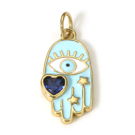 Image de 1 Pièce Breloques Religieux en Laiton Khamsa Symbole Paume Plaqué Or Véritable 18K Bleu Yeux Émail à Zircone Cubique Bleu 23mm x 10mm